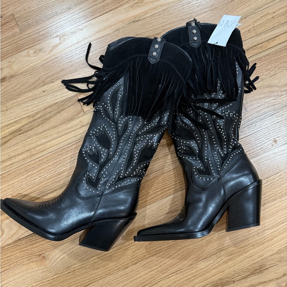 Zara FRINGED STUDDED COWBOY BOOTS